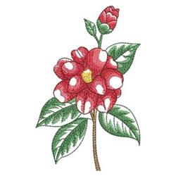 Vibrant red flower with white spots, lush green leaves, and a small flower bud, beautifully detailed.
