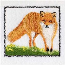 Realistic embroidery of a red fox on grass, surrounded by yellow flowers, in vibrant colors and detailed design.