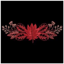 Red maple leaf in vibrant red color, surrounded by intricate fern leaves and delicate floral accents. Contemporary autumn des