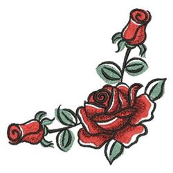 Colorful cluster of red roses with detailed petals and swirls, accented by lush green leaves and rose buds.