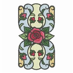 Ornate red rose with intricate green leaves and soft scrolls, perfect for quilting.