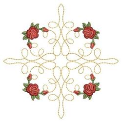 Elegant design featuring red roses framed by delicate golden swirling lines in a decorative quilting motif.