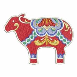 Applique red sheep with vibrant, intricate patterns and colorful embellishments, set against a plain background.