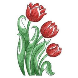 Vibrant red tulips with lush green leaves create a lively spring floral composition, perfect for home decor.