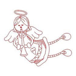 Redwork angel with wings and halo, joyfully playing a trumpet, outlined in red with heart patterns, perfect for holidays.