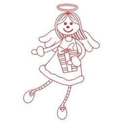 Redwork angel with wings and a halo joyfully holding a gift, featuring playful line art for Christmas.