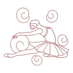 Redwork balancing dancer gracefully seated, reaching towards a circle, surrounded by dynamic swirls.