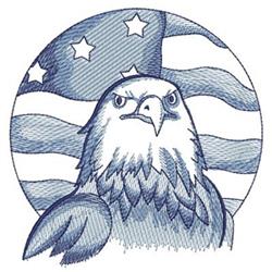 Redwork bald eagle with a stern expression, surrounded by the American flag’s stars and waving stripes.