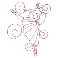 Redwork ballet dancer in a graceful pose with a flowing dress and swirling spirals, minimalist line art.