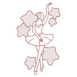 Redwork ballet dancer in a graceful pose, her flowing skirt surrounded by abstract shapes on a white background.