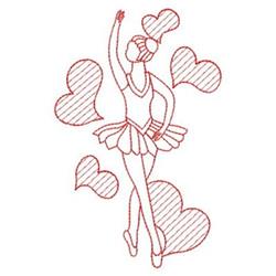 Redwork ballet dancer in a graceful pose surrounded by playful hearts, perfect for Valentine's Day.