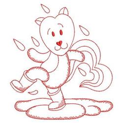 Redwork cartoon bear with a heart-shaped body joyfully dancing in a puddle, surrounded by hearts and water droplets.