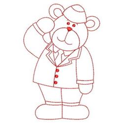Redwork bear in a suit, cheerfully saluting with a friendly expression and rounded shapes.