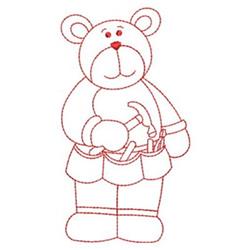 Redwork bear standing upright with tools, wearing a vibrant red outfit and a playful expression.