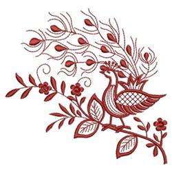 Redwork bird resting among detailed flowers and leaves, with swirling branches in bold red hues.