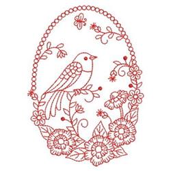 Redwork bird perched among vibrant flowers, detailed decorative border, Easter theme, rich red on light backdrop.
