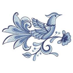 Redwork bird in blue tones amidst whimsical swirling foliage and a blooming flower, showcasing decorative elegance.