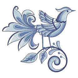 Redwork bird adorned with intricate blue feathers and swirls of leaves, featuring a whimsical design.