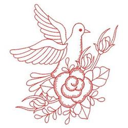 Redwork bird in flight above a large, intricate rose with delicate leaves, showcasing elegant floral embroidery.