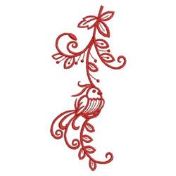 Redwork bird perched amidst whimsical vines and leaves, richly detailed in vivid red on a neutral backdrop.