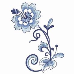 Redwork blue flower with intricate petals, elegantly swirled stems, and delicate leaves, perfect for floral embroidery.