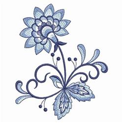 Redwork blue flower with layered petals, elegant swirls, and decorative leaves on curved stems.