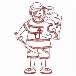 Redwork boy pirate in a striped shirt and bandana, holding a sword and treasure map, playful design.