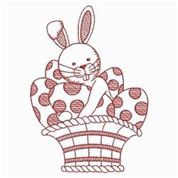 Redwork bunny with large ears, cheerful expression, nestled in a basket filled with polka dot Easter eggs.