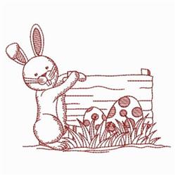 Redwork bunny holding a sign surrounded by colorful flowers and eggs, perfect for Easter celebrations.