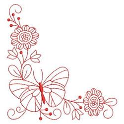 Redwork butterfly with intricate line work, surrounded by vibrant red flowers and delicate leaves.