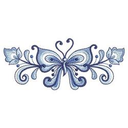 Redwork butterfly in elegant blue shades, surrounded by detailed floral elements and delicate swirls.