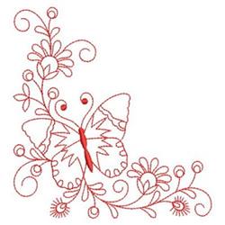Redwork butterfly art with floral swirls, elegant curved lines, and a classic red color.