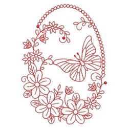 Redwork butterfly surrounded by delicate blooming flowers in a whimsical design for Easter.