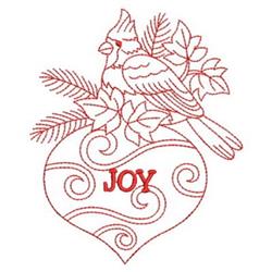 Redwork cardinal bird perched on a heart with green leaves and pine branches, embodying holiday cheer.