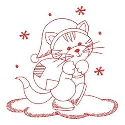 Redwork cat wearing a festive hat, smiling while holding a gift on a fluffy cloud with snowflakes.