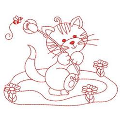 Redwork cat playfully holding a flower, with a buzzing bee nearby and surrounded by bright blooms.