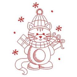 Redwork cat in a knitted hat and scarf holds a gift, surrounded by playful snowflakes in a cheerful winter scene.