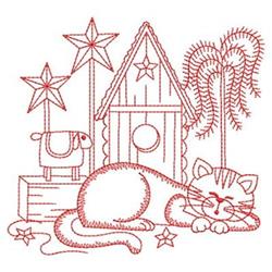 Redwork cat napping in front of a whimsical birdhouse, with a sheep, stars, and a palm tree.