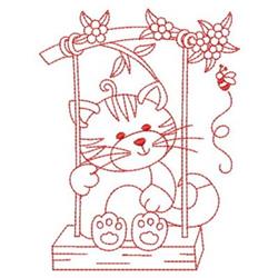 Redwork cat sitting on a swing with decorative flowers and a buzzing bee, in a playful design.