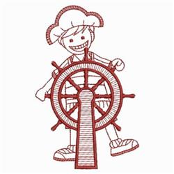 Redwork child in a chef's hat joyfully steering a ship's wheel, featuring vibrant red thread on a white background.