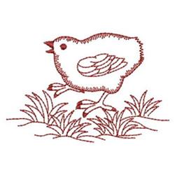 Redwork chick walking on grass, outlined in a single color with feather details, perfect for Easter.