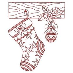 Redwork Christmas stocking with red thread, stars, and bows, featuring holly and an ornament for a festive feel.