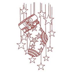 Redwork Christmas stocking with a bow, surrounded by stars, in rich red hues, perfect for festive decor.