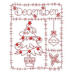 Redwork Christmas tree with heart ornaments, holly leaves, and 'December' text, outlined in red thread.