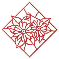 Redwork floral design with two outlined daisies, vibrant red accents, and a geometric diamond background.