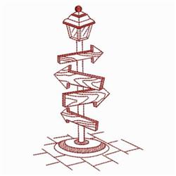 Redwork directional signpost with arrows and a lantern, featuring a circular base and simple illustrative style.