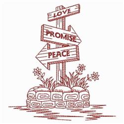 Redwork directional signpost with arrows labeled 'Love,' 'Promise,' and 'Peace,' surrounded by flowers on a stone base.