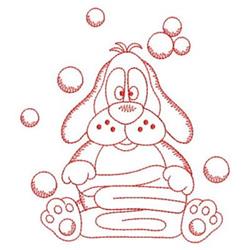 Redwork dog with big eyes sits atop towels, surrounded by floating bubbles in a playful, cartoonish style.