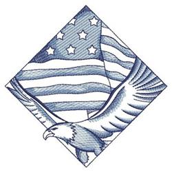 Redwork eagle soaring with detailed feathers in front of an American flag with stars, perfect for patriotic decor.