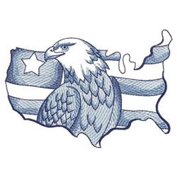 Redwork eagle with detailed blue feathers in front of the USA outline and a prominent star, ideal for patriotic themes.